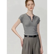 批发v领撞色设计感修身针织衫百搭显瘦上衣春季新款时尚气质短袖<b class='q'>小衫</b>