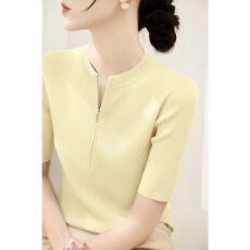 批发2026年早春新款半开领拉链正肩五分袖针织<b class='q'>打底</b>衫女中袖高级感<b class='q'>上衣</b>