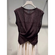 批发复古简约透气设计感纯色圆领套头无袖背心针织衫2026夏季上衣时尚