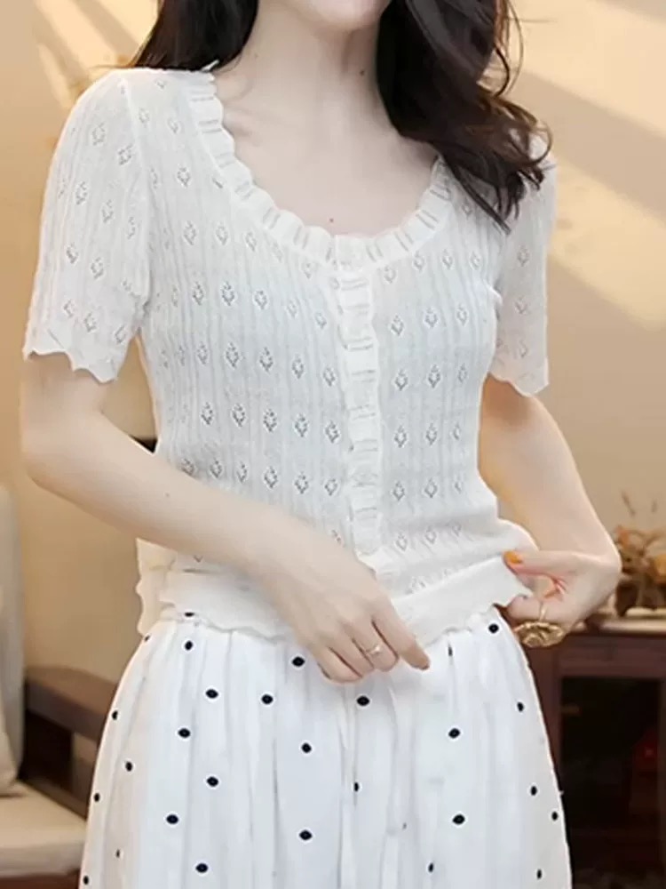 한 부서 chic 핑크색 십자가 V넥 반팔 니트 스웨터 여성 이른 봄 착용 가져 가라. 아름다운 자이언트 잘 생긴 ~ 중 꼬집기 허리 위로 의류