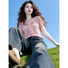 批发粉色针织披肩T恤女<b class='q'>装</b>2026夏季新款高级感穿搭欧货时尚巨好看上衣