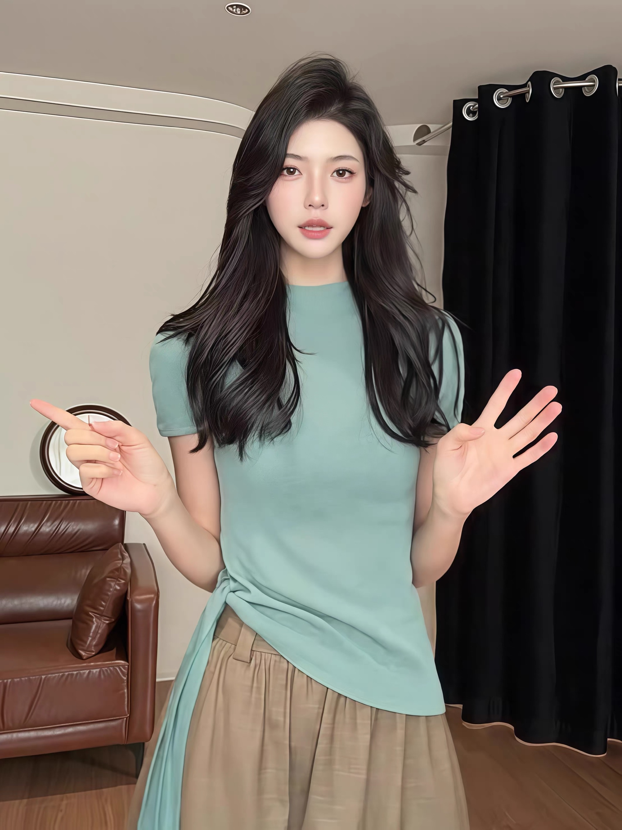 고유 한 Chic 박하 녹색 반팔 니트 스웨터 여성 2026 여름 새로운 디자인 센스 스트랩 몸매 가꾸기 티셔츠 맨위