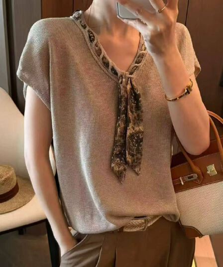 프랑스식 레트로 화이트 V넥 스카프 니트 반팔 티셔츠 여성 여름 고급 센스 chic Chic 얼음 실크 맨위 얇은