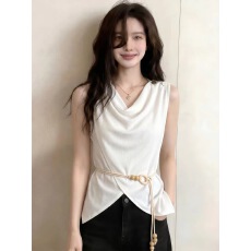 批发大码女装韩式荡领不规则针织背心<b class='q'>胖</b><b class='q'>MM</b>夏季优雅风系腰带无袖打底衫