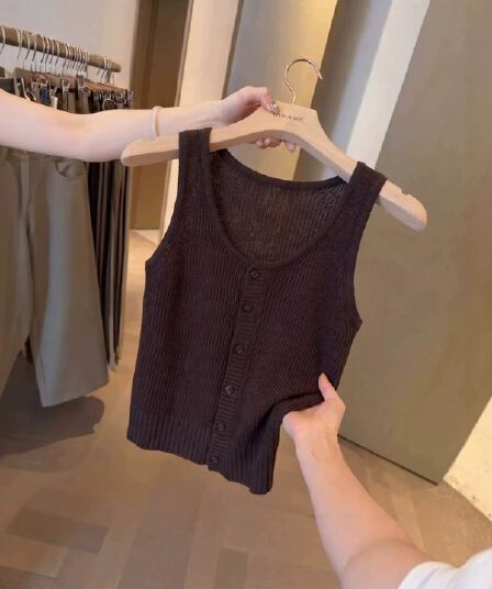 한 부서 chic Chic 커피 색상 니트 반팔 티셔츠 여성 여름 작은 키 몸매 가꾸기 슬림해 보이는 쇼트 스타일 얼음 실크 맨위