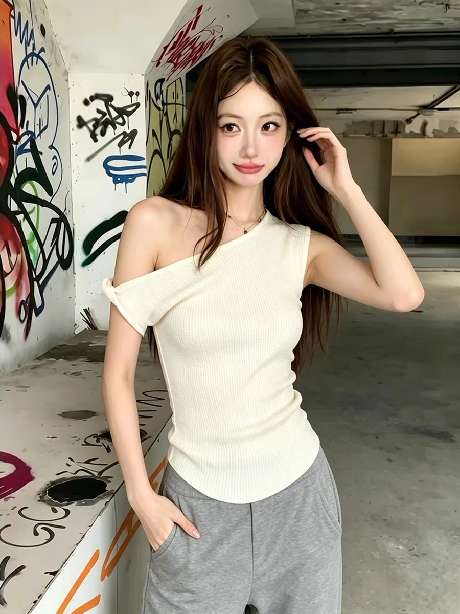 화이트 오프숄더 오프숄더 반팔 티셔츠 여성 여름 허리 수축 프랑스식 꼬집기 허리 고유 한 아름다운 쇼트 스타일 비스듬한 어깨 의류