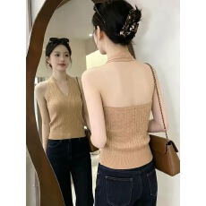 批发纯欲辣妹挂脖v领针织小吊带背心女内搭外穿夏季露背短款无袖上衣
