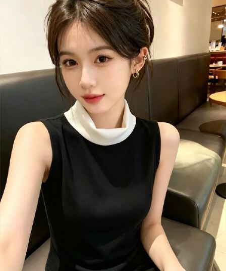 도파민 반하이넥 민소매 조끼 여성 여름 외출용 2026 새로운 Chic 몸매 가꾸기 다용도 녹색 니트 맨위