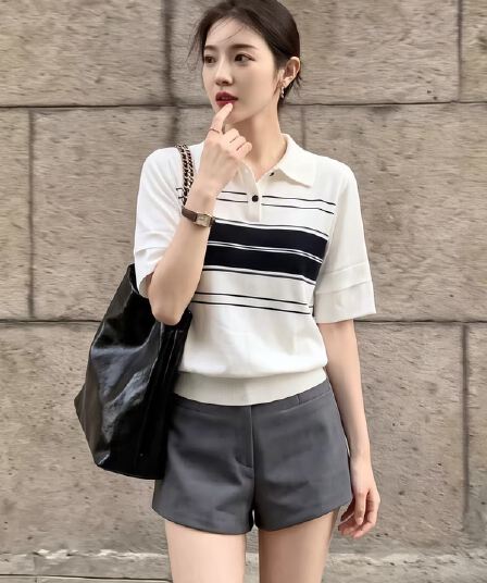 프랑스식 학원 스타일 스트라이프 POLO 칼라 반팔 티셔츠 여성 여름 몸매 가꾸기 쇼트 스타일 품격 긍정적 인 어깨 니트 스웨터 맨위