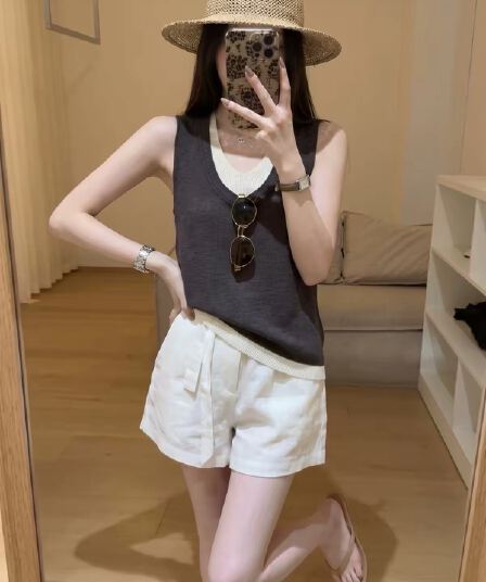 오래된 돈 바람 페이크 레이어드 패치워크 슬립 작은 조끼 여성 화이트 허리밴드 반바지 여름 그레이트 통해보기 가져 가라. 세트