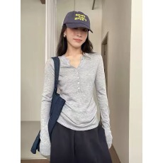 批发纽扣半开领长袖针织衫女2025秋<b class='q'>冬</b>新款修身显瘦休闲内搭上衣打底衫