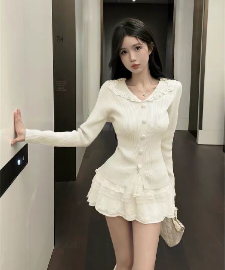 한 부서 chic 폴로 칼라 레이스 조각 기본 셔츠 맨위 여성 가을 겨울 새로운 몸매 가꾸기 슬림해 보이는 단추 니트 스웨터