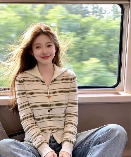 한 부서 느슨함 센스 스트라이프 스웨터 여자 이른 가을 빅 사이즈 지방 mm 폴로 칼라 양방향 지퍼 슬림해 보이는 쇼트 스타일 니트 재킷