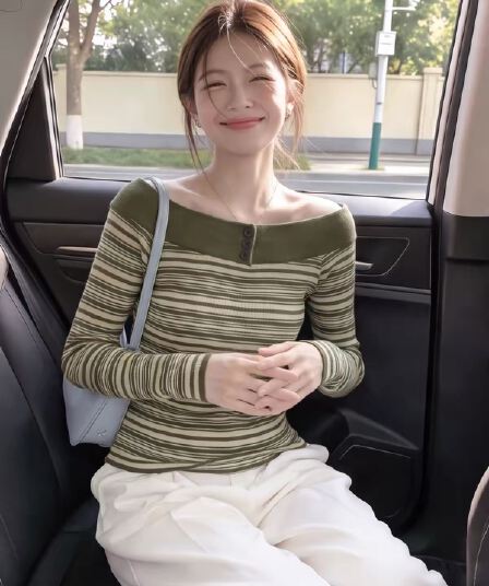 프랑스식 녹색 스트라이프 보트넥 오프숄더 긴팔 니트 스웨터 여성 가을 한 부서 고유 한 Chic 싱글 줄 버튼 스웨터