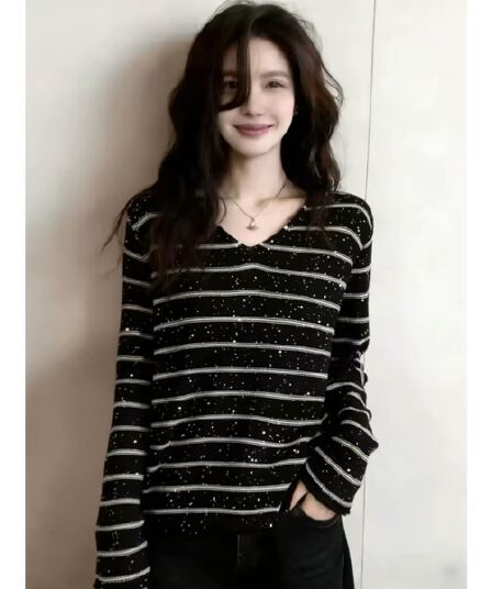 한 부서 느긋한 바람 배색 스트라이프 스팽글 티셔츠 여성 봄 드레스 빅 사이즈 통통한 여동생 캐주얼 연령 감소 품격 니트 스웨터