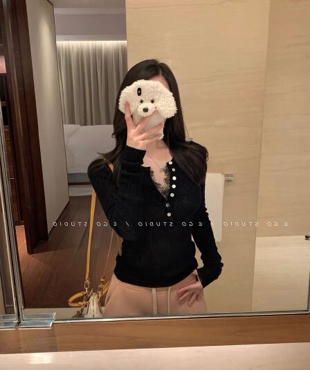 순수한 욕망 레이스 V넥 검정색 기본 셔츠 여성 봄 가을 한 부서 작은 샤넬 스타일 몸매 가꾸기 슬림해 보이는 니트 스웨터 인사이드 잡아라. 의류