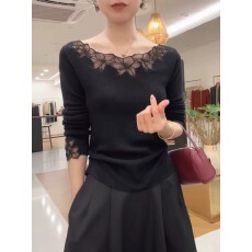 批发一字领花朵蕾丝刺绣长袖针织衫<b class='q'>女</b>2026年秋季新款韩系显瘦打底上衣