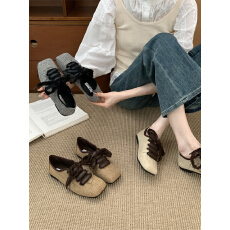 2025新款复古方头绑带休闲风低跟小单鞋春秋法式复古舒适百搭女鞋