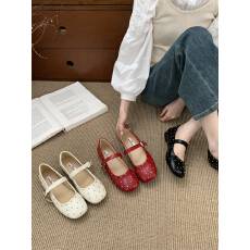 批发2025春季新款韩系复古芭蕾鞋铆钉方头平底单鞋一字扣百搭玛丽珍鞋
