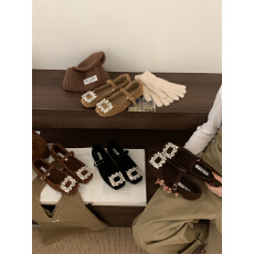 批发女士<b class='q'>气质</b>玛丽珍鞋女加绒法式晚风方头水钻呢子毛毛鞋女冬平底单鞋