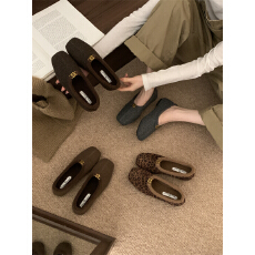 批发<b class='q'>复古</b>豹纹小香风加绒保暖棉鞋女2025秋冬新款单鞋平底一脚蹬乐福鞋