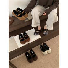 批发平底加绒勃肯鞋单鞋女秋冬季外穿<b class='q'>复古</b>一字带玛丽珍乐福毛毛鞋棉鞋