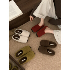 批发<b class='q'>复古</b>羊羔毛加绒毛毛拖鞋女外穿2025新款小香风拼接懒人一脚蹬棉拖