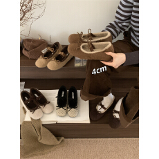 毛毛鞋女冬外穿法式仙女风蝴蝶结奶奶鞋平底豆豆鞋加绒保暖棉鞋女