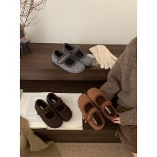 2025冬加绒平底圆头魔术贴保暖玛丽珍毛毛鞋勃肯鞋羊羔毛棉单鞋女