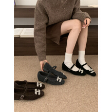 批发韩系小香风平跟毛毛鞋棉鞋水钻2025新款<b class='q'>秋</b>冬圆头加绒玛丽珍平跟鞋