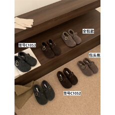 批发包头一脚蹬羊羔毛加绒勃肯鞋包头半拖鞋女外穿保暖棉拖毛毛拖