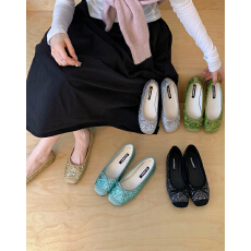 法式小众蝴蝶结芭蕾舞鞋方头亮片拼接小香风平底鞋软底单鞋银色