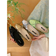 亮片芭蕾舞鞋女平底方头单鞋一脚蹬奶奶鞋多色可选