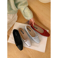 简约风方头轻奢蝴蝶结晚晚鞋春季百搭银色防滑单鞋女一脚蹬奶奶鞋