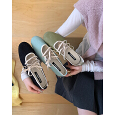 韩式圆头系带文艺风浅口单鞋女春季蓝色百搭时尚平底晚晚鞋气质潮