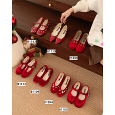 批发红色系列2026年春<b class='q'>秋</b>新款蝴蝶结通勤平底玛丽珍鞋