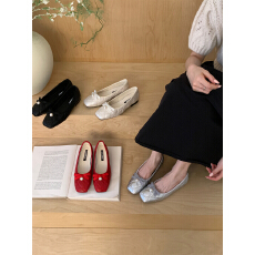 批发银色小香风珍珠蝴蝶结单鞋女春季方头浅口法式晚晚鞋菱格超软瓢鞋