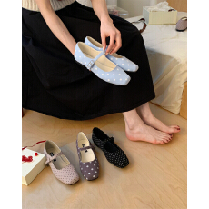 批发韩版2026新款小众方头复古瓢鞋黑白波点女玛丽珍芭蕾浅口平底单鞋