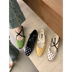 批发法式波点方头交叉带平底单鞋女2026年新款浅口芭蕾舞鞋玛丽珍女鞋