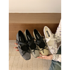 批发时尚法式芭蕾风方头内增高玛丽珍鞋女2026新款蝴蝶结亮片平底单鞋