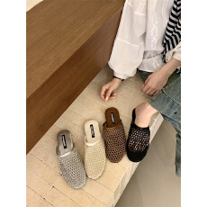 批发极简风~2026新款编织镂空包头半拖鞋女夏季平底方头时尚凉拖懒人