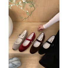 批发超韩绒面单鞋女2026年新款浅口圆头晚晚风温柔红色玛丽珍鞋芭蕾鞋