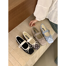 批发浅口单鞋女2026春季新款蝴蝶结方头平底仙女风波点配裙子玛丽珍鞋