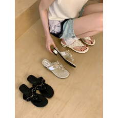 批发法式仙女夹趾粗跟拖鞋女<b class='q'>夏</b>外穿复古波西米亚凉鞋珍珠沙滩鞋人字拖
