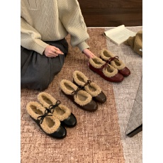批发毛绒玛丽珍鞋女平底蝴蝶结一字带加绒保暖舒适毛毛鞋单鞋