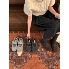 勃肯鞋女加绒灰色玛丽珍毛毛鞋女冬外穿韩版呢子棉鞋子