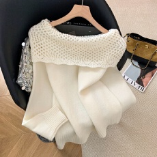 批发实拍一字肩钩花镂空长袖针织衫女秋装新款宽松慵懒巨好看毛衣上衣