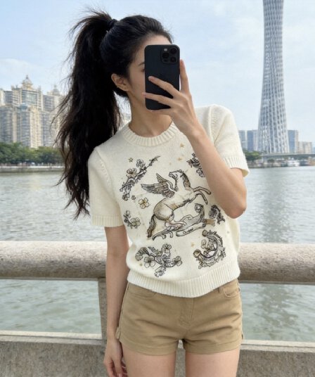 한 부서 바람 작은 말 무거운 작업 자수 반팔 티셔츠 여성 초여름 새로운 라운드 넥 슬림해 보이는 다용도 품격 니트 맨위