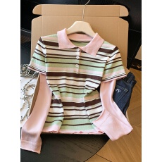 批发实拍韩系穿搭粉色条纹<b class='q'>针织衫</b>2026洋气漂亮翻领<b class='q'>假两件</b>打底上衣女春