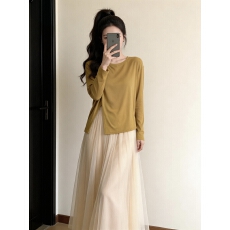 批发咖色冰丝薄款防晒罩衫女夏外搭不规则<b class='q'>针织</b>长袖t恤空调衫开叉上衣